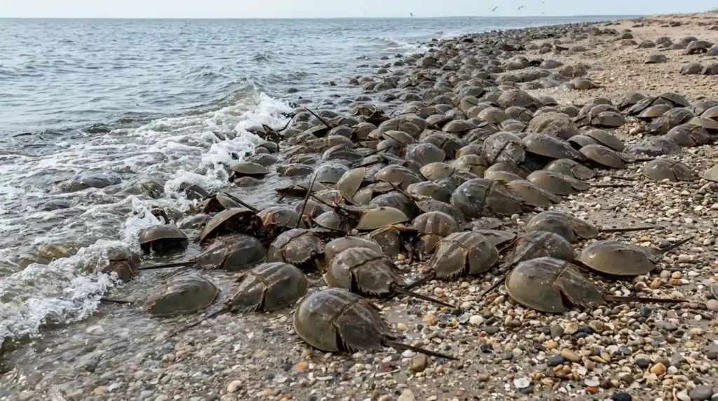 Sekumpulan kepiting tapal kuda terdampar di sepanjang garis pantai berbatu, hewan purba yang darahnya sangat berharga bagi dunia medis.