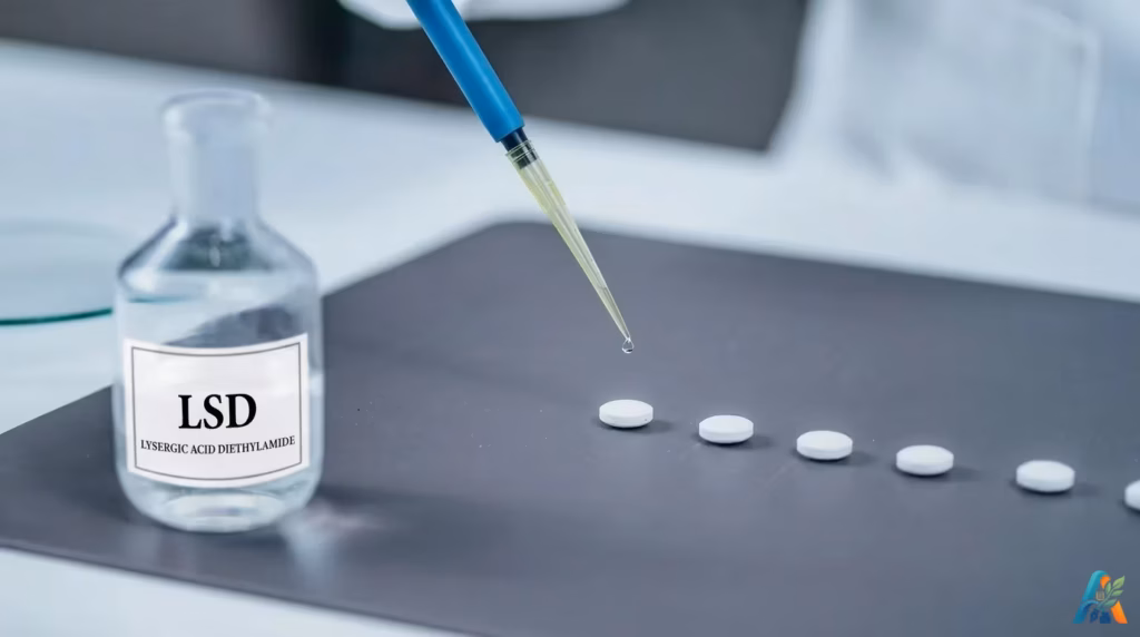 Pemberian cairan dari pipet ke pil, botol LSD di sampingnya, pada permukaan kerja di laboratorium.