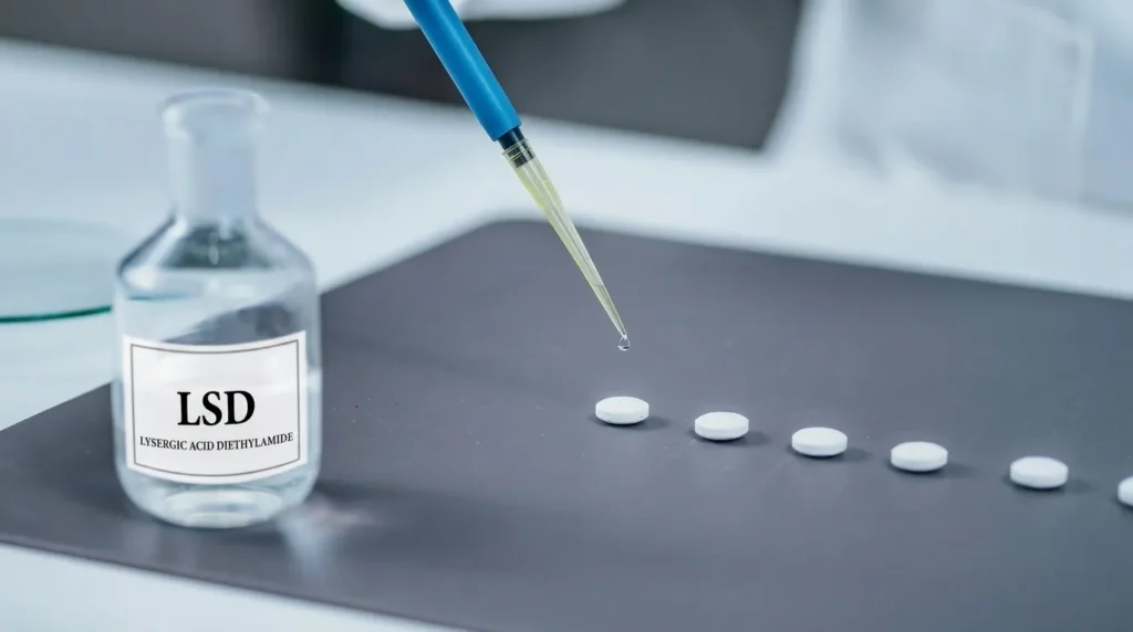 Pemberian cairan dari pipet ke pil, botol LSD di sampingnya, pada permukaan kerja di laboratorium.