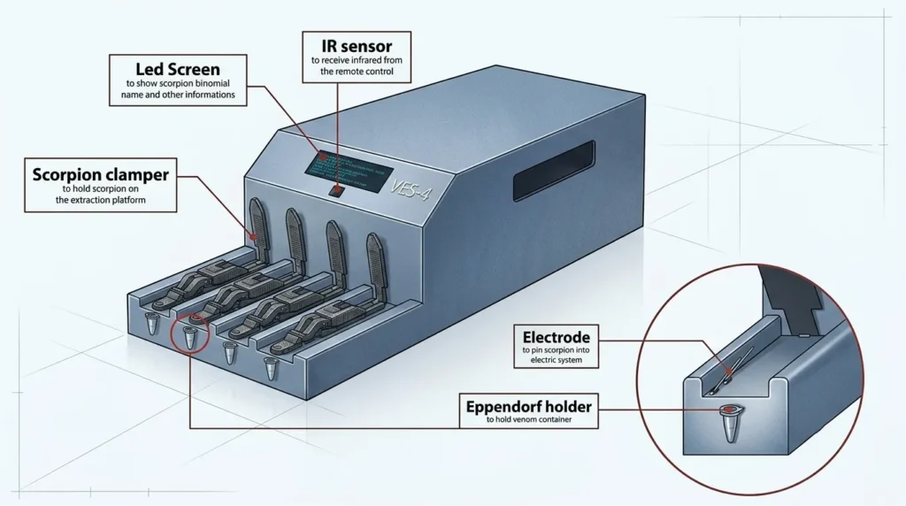 Diagram perangkat robotik untuk mengekstrak racun kalajengking dengan aman, menunjukkan penjepit, elektroda, layar LED, dan tempat wadah eppendorf.