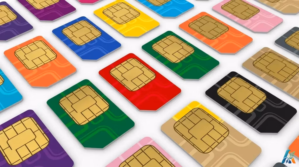 Deretan kartu SIM berwarna-warni dengan chip emas yang tersusun rapi, melambangkan teknologi telekomunikasi dan konektivitas seluler modern.