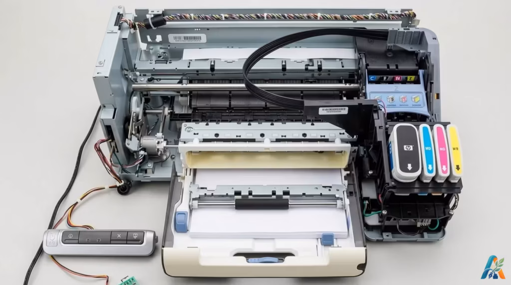 Mekanisme dalam printer inkjet dengan kartrid tinta warna CMYK yang terpasang, menunjukkan bagian internal perangkat pencetak modern.