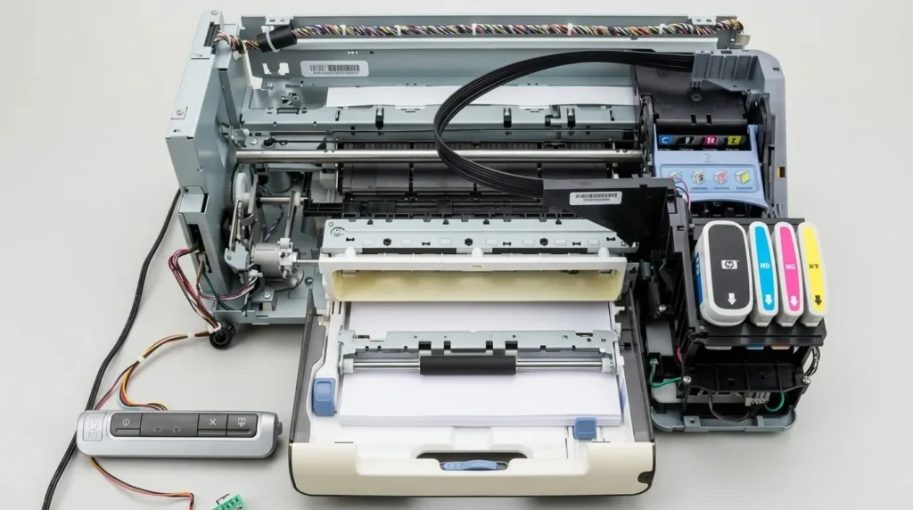 Mekanisme dalam printer inkjet dengan kartrid tinta warna CMYK yang terpasang, menunjukkan bagian internal perangkat pencetak modern.