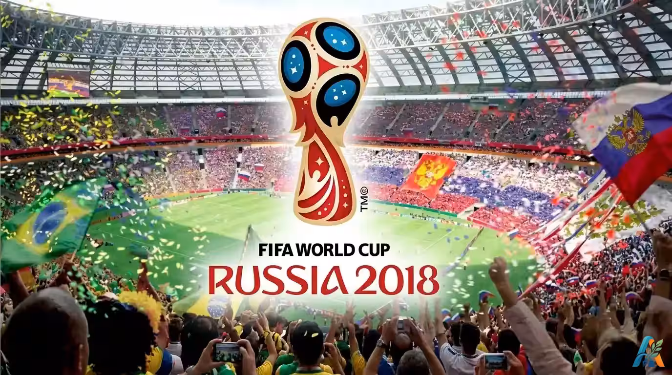 Logo resmi FIFA World Cup Russia 2018 berlatar belakang suasana kemeriahan suporter di dalam stadion sepak bola, dari file fifa-world-cup-russia-2018.webp
