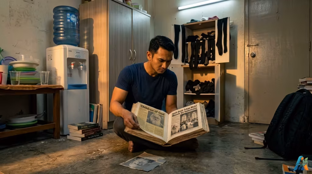 Tirta duduk bersila membaca buku kliping yang menghadap ke arahnya di dalam kamar kos padat, tampak lemari, dispenser, dan tas hitam di lantai.