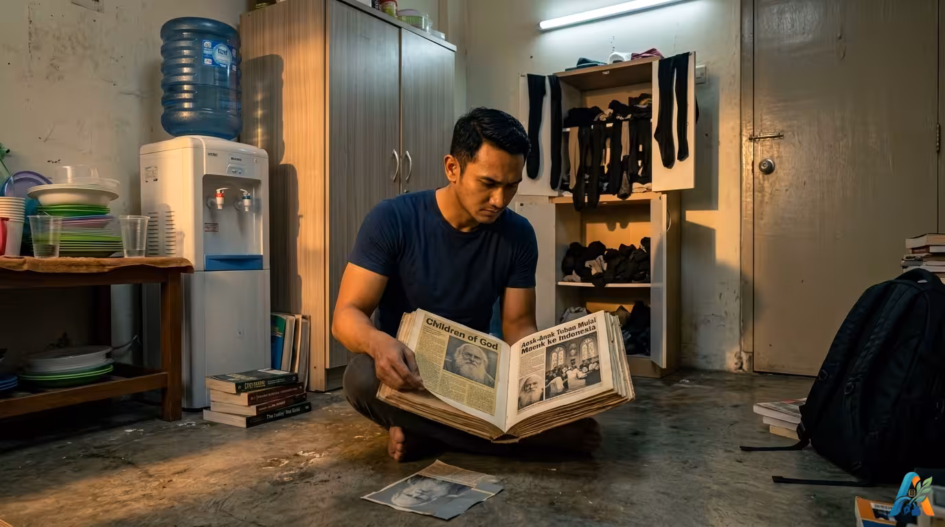 Tirta duduk bersila membaca buku kliping yang menghadap ke arahnya di dalam kamar kos padat, tampak lemari, dispenser, dan tas hitam di lantai.