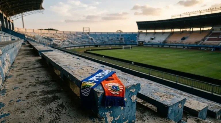Syal klub sepak bola Persib dan Persija tergeletak di tribun stadion kosong yang melankolis saat matahari sore menyinari lapangan.