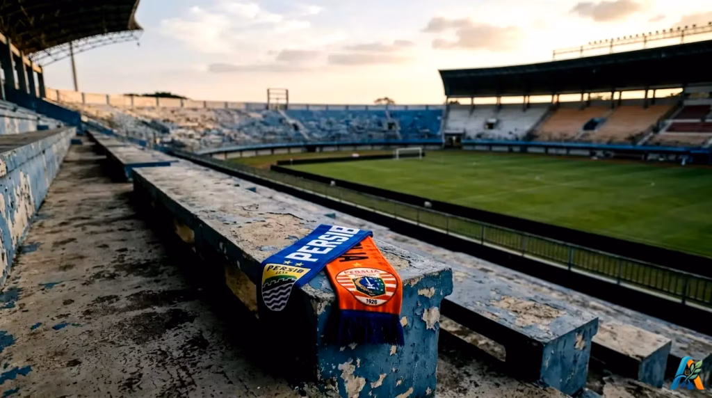 Syal klub sepak bola Persib dan Persija tergeletak di tribun stadion kosong yang melankolis saat matahari sore menyinari lapangan.