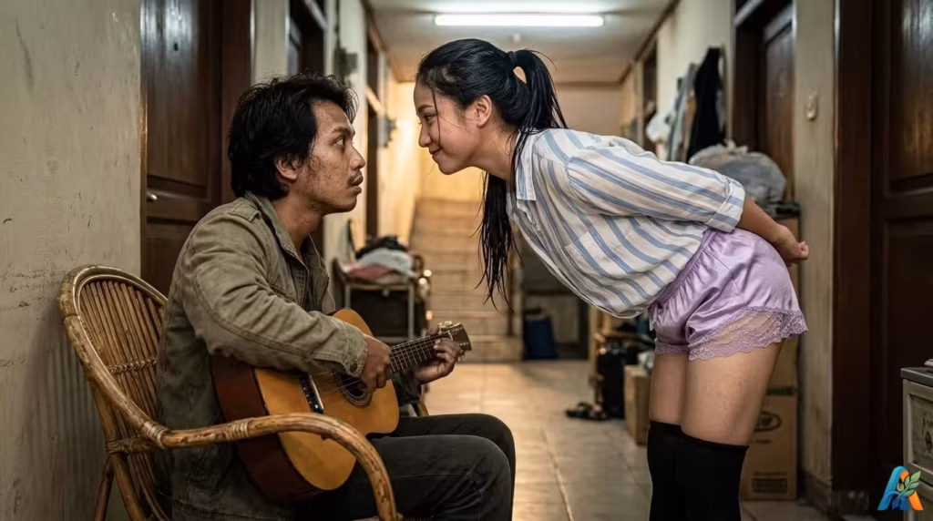 Listy berkemeja garis dan bercelana pendek ungu mencondongkan wajahnya dekat ke depan Tirta yang sedang duduk memegang gitar di koridor kos.