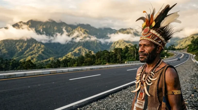 Tokoh adat Papua dengan pakaian tradisional berdiri di tepi jalan Trans-Papua dengan latar belakang pegunungan hijau saat matahari terbenam.