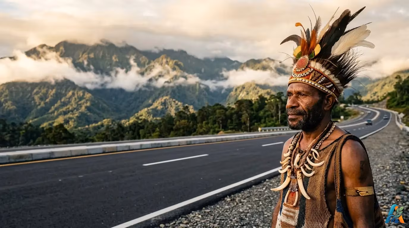 Tokoh adat Papua dengan pakaian tradisional berdiri di tepi jalan Trans-Papua dengan latar belakang pegunungan hijau saat matahari terbenam.