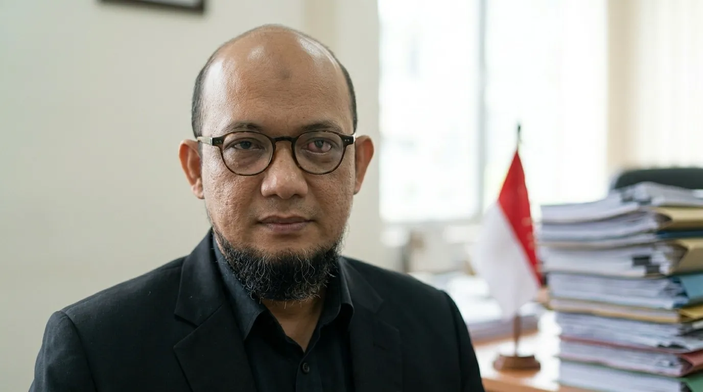 Novel Baswedan di ruang kerja dengan bendera Merah Putih dan tumpukan berkas dokumen, potret realistik