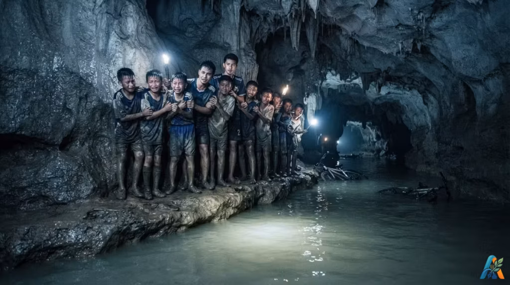 Tiga belas orang terdampar di dalam gua basah dan gelap dengan air setinggi pinggang, disinari obor dan senter.