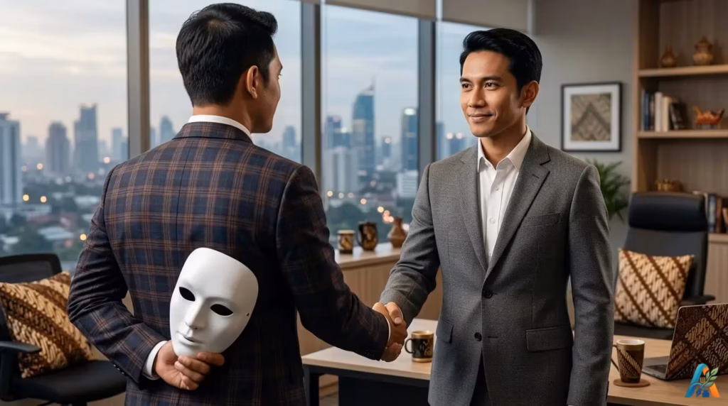 Pria menyembunyikan topeng putih di belakang punggung saat berjabat tangan dengan pria lain di kantor.