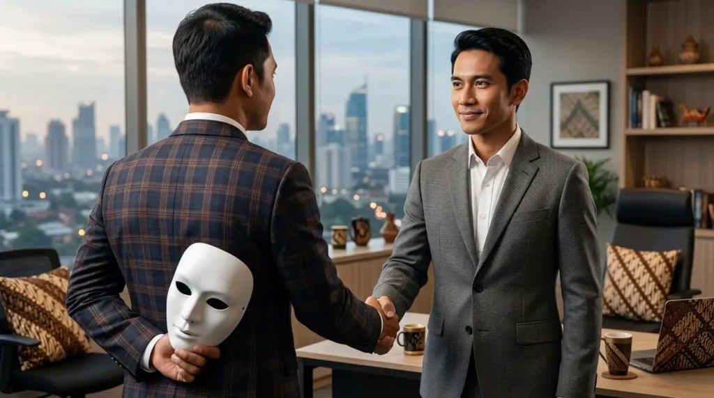 Pria menyembunyikan topeng putih di belakang punggung saat berjabat tangan dengan pria lain di kantor.