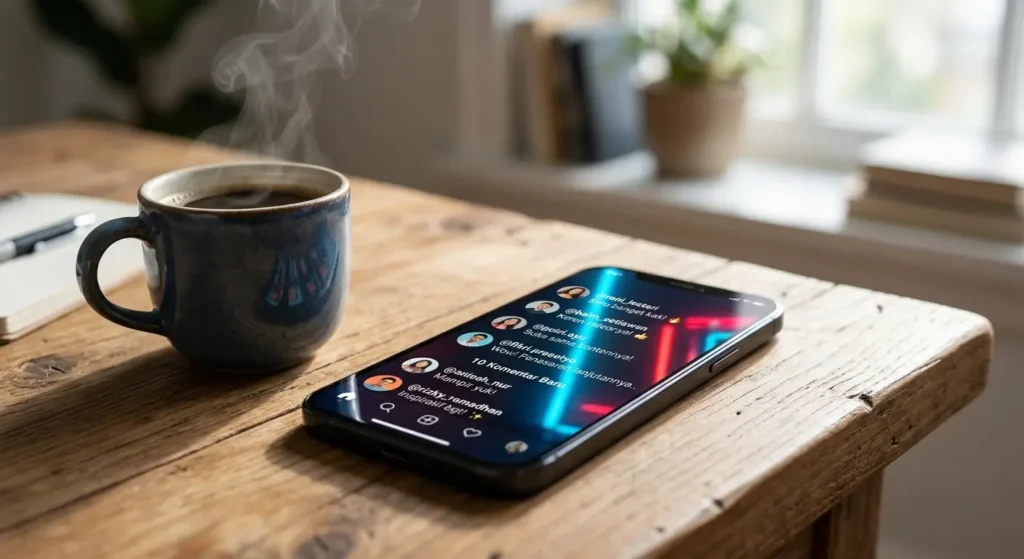 Ponsel pintar dengan notifikasi media sosial dan secangkir kopi hangat di atas meja kayu, menggambarkan aktivitas digital di Indonesia