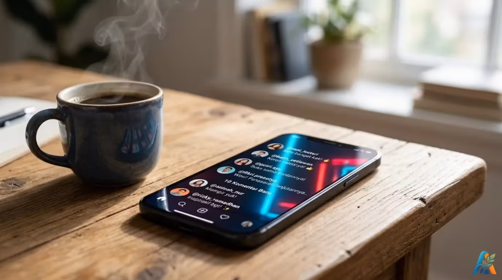 Ponsel pintar dengan notifikasi media sosial dan secangkir kopi hangat di atas meja kayu, menggambarkan aktivitas digital di Indonesia