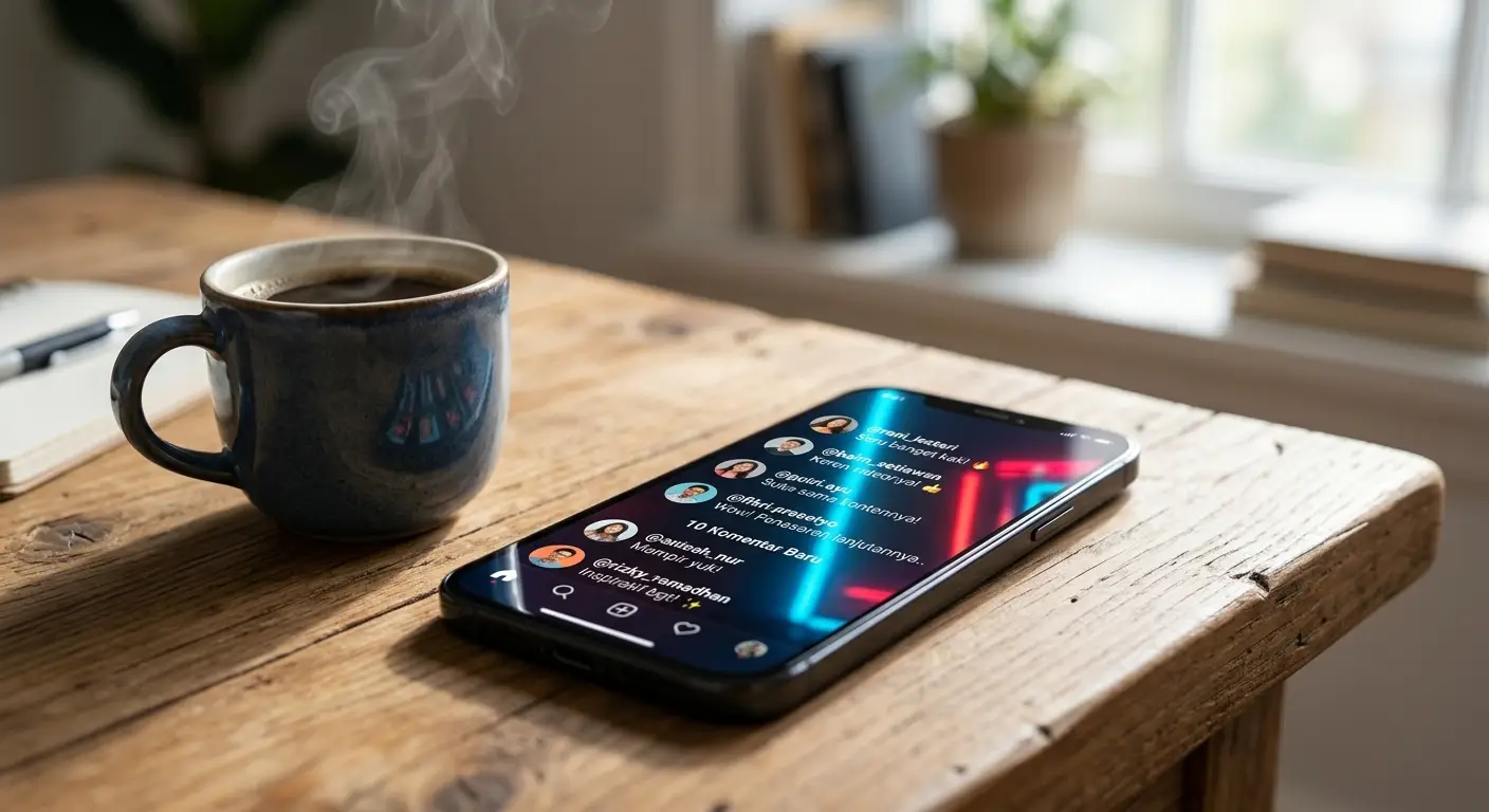Ponsel pintar dengan notifikasi media sosial dan secangkir kopi hangat di atas meja kayu, menggambarkan aktivitas digital di Indonesia