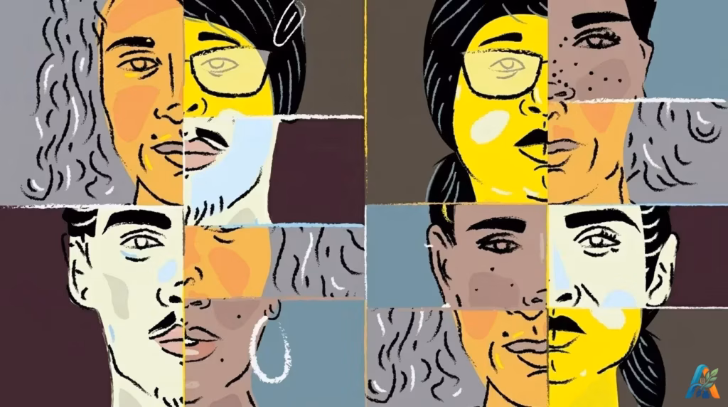Ilustrasi seni mural digital bergaya kolase dengan sketsa kapur, menampilkan empat panel wajah manusia multietnis yang terbagi, merayakan keberagaman dalam warna kulit, fitur wajah, rambut, dan identitas.