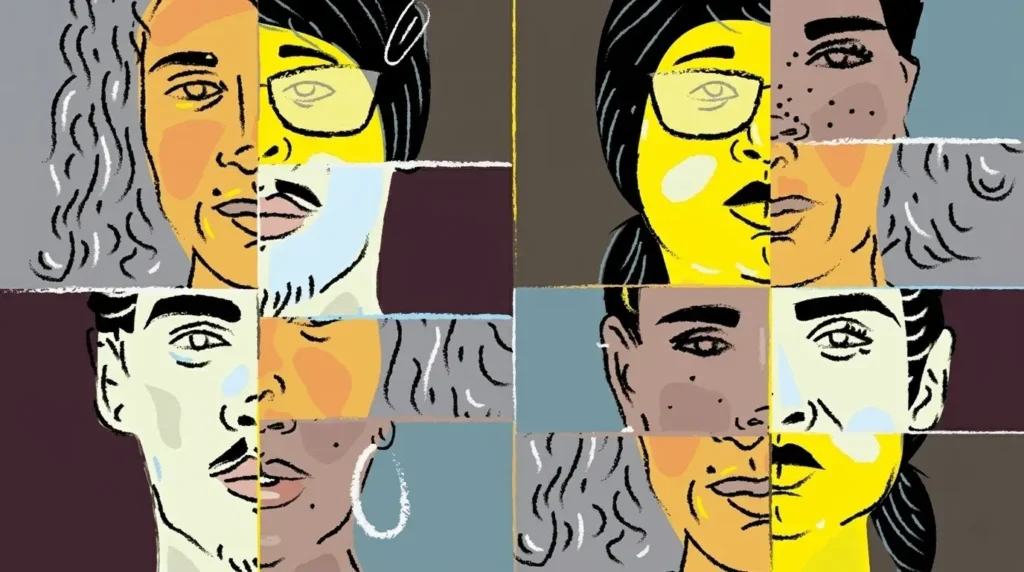 Ilustrasi seni mural digital bergaya kolase dengan sketsa kapur, menampilkan empat panel wajah manusia multietnis yang terbagi, merayakan keberagaman dalam warna kulit, fitur wajah, rambut, dan identitas.