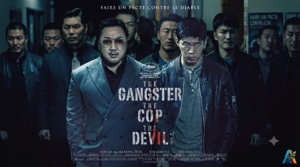 Poster film Korea The Gangster, The Cop, The Devil menampilkan Don Lee dan Kim Moo-yul di tengah kerumunan pria dengan nuansa gelap.