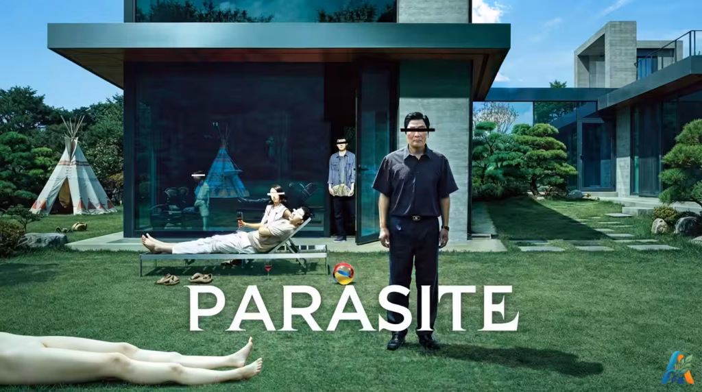 Poster film Parasite menampilkan karakter utama dengan mata disensor, latar belakang rumah mewah dan taman, serta teks judul "PARASITE"