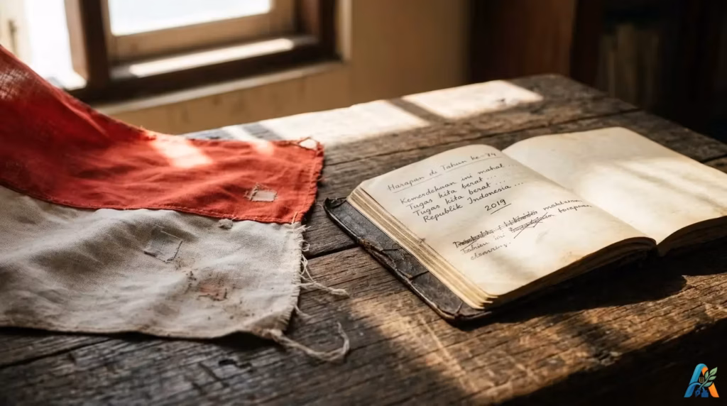 Kain bendera merah putih lusuh dan buku catatan tua dengan tulisan tangan tentang kemerdekaan di atas meja kayu, simbol sejarah Republik Indonesia