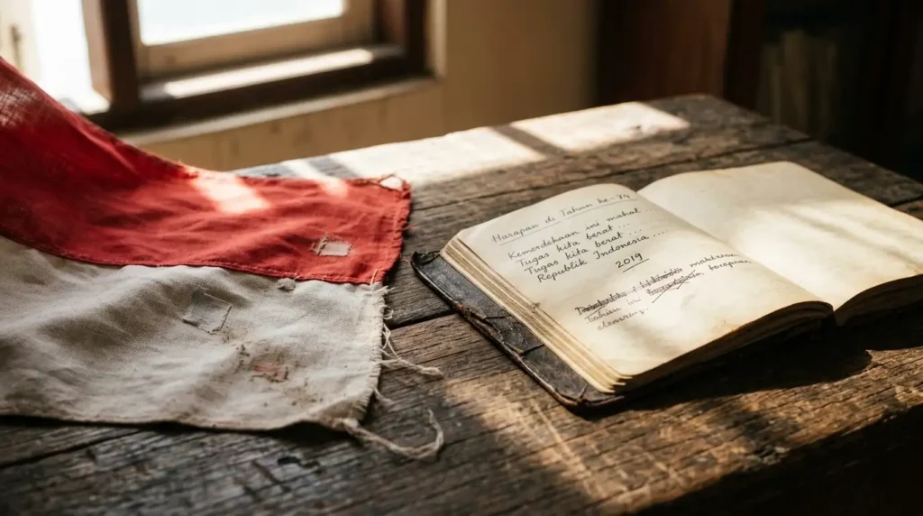 Kain bendera merah putih lusuh dan buku catatan tua dengan tulisan tangan tentang kemerdekaan di atas meja kayu, simbol sejarah Republik Indonesia