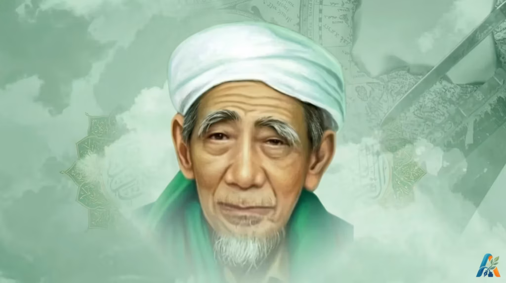 Potret KH Maimoen Zubair (Mbah Moen) dengan nuansa hijau, ulama kharismatik Indonesia yang wafat di Mekkah, sosok panutan umat Islam dunia.