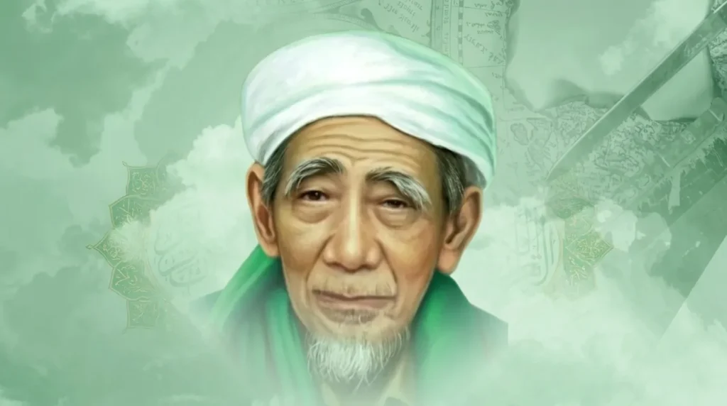 Potret KH Maimoen Zubair (Mbah Moen) dengan nuansa hijau, ulama kharismatik Indonesia yang wafat di Mekkah, sosok panutan umat Islam dunia.