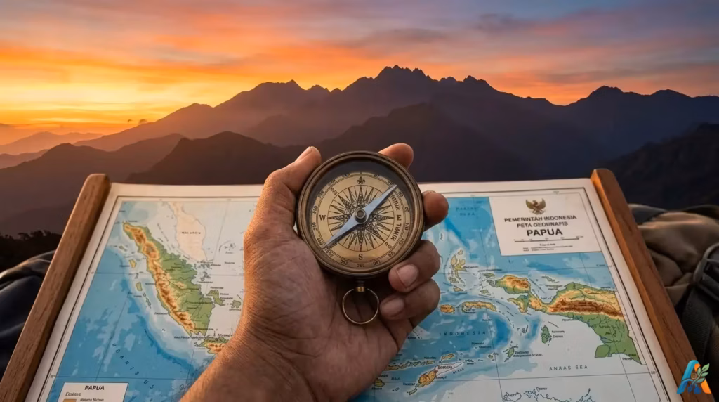 Tangan memegang kompas tua di atas peta geografis Indonesia dengan latar belakang pegunungan Papua yang megah saat senja