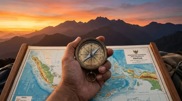 Tangan memegang kompas tua di atas peta geografis Indonesia dengan latar belakang pegunungan Papua yang megah saat senja