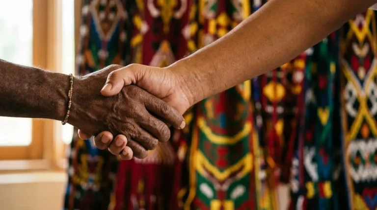 Jabat tangan erat dua orang dengan latar belakang kain tenun tradisional Indonesia yang berwarna