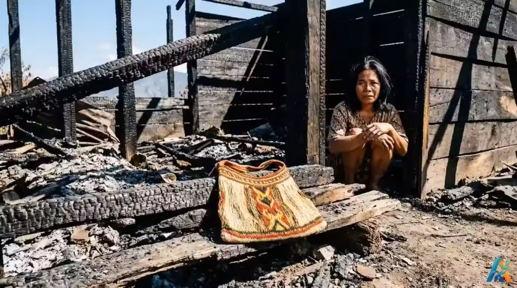 Ilustrasi perempuan duduk di depan sisa bangunan kayu terbakar dengan tas noken tradisional Papua yang utuh sebagai simbol harapan di tengah tragedi