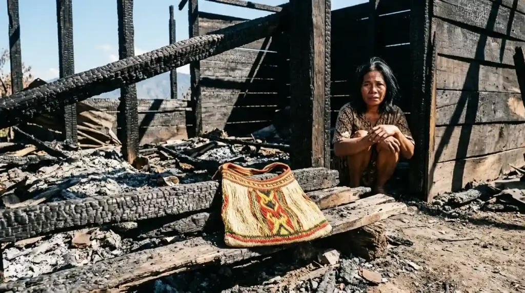 Ilustrasi perempuan duduk di depan sisa bangunan kayu terbakar dengan tas noken tradisional Papua yang utuh sebagai simbol harapan di tengah tragedi