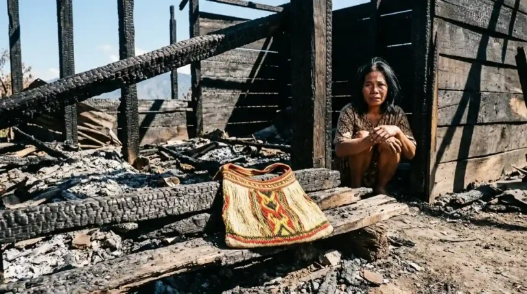 Ilustrasi perempuan duduk di depan sisa bangunan kayu terbakar dengan tas noken tradisional Papua yang utuh sebagai simbol harapan di tengah tragedi