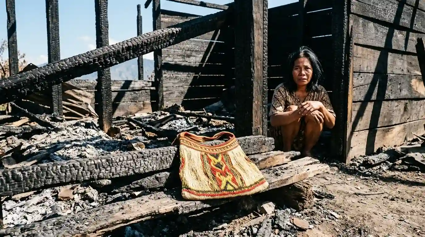 Ilustrasi perempuan duduk di depan sisa bangunan kayu terbakar dengan tas noken tradisional Papua yang utuh sebagai simbol harapan di tengah tragedi