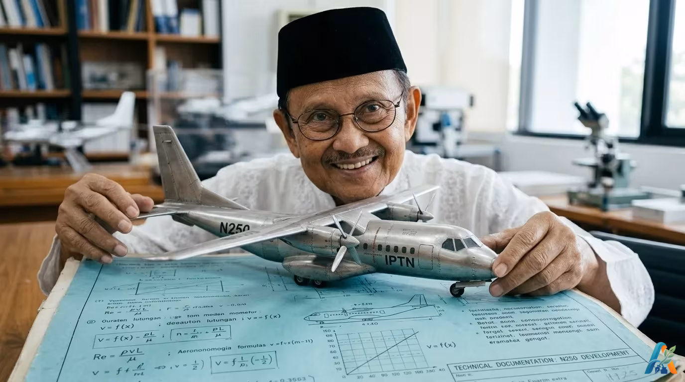 BJ Habibie, Bapak Teknologi Indonesia, tersenyum bangga memegang mimpi kedirgantaraan bangsa, model pesawat N250 Gatotkaca, di atas cetak biru teknis aslinya di perpustakaan pribadinya di Makassar, Indonesia.