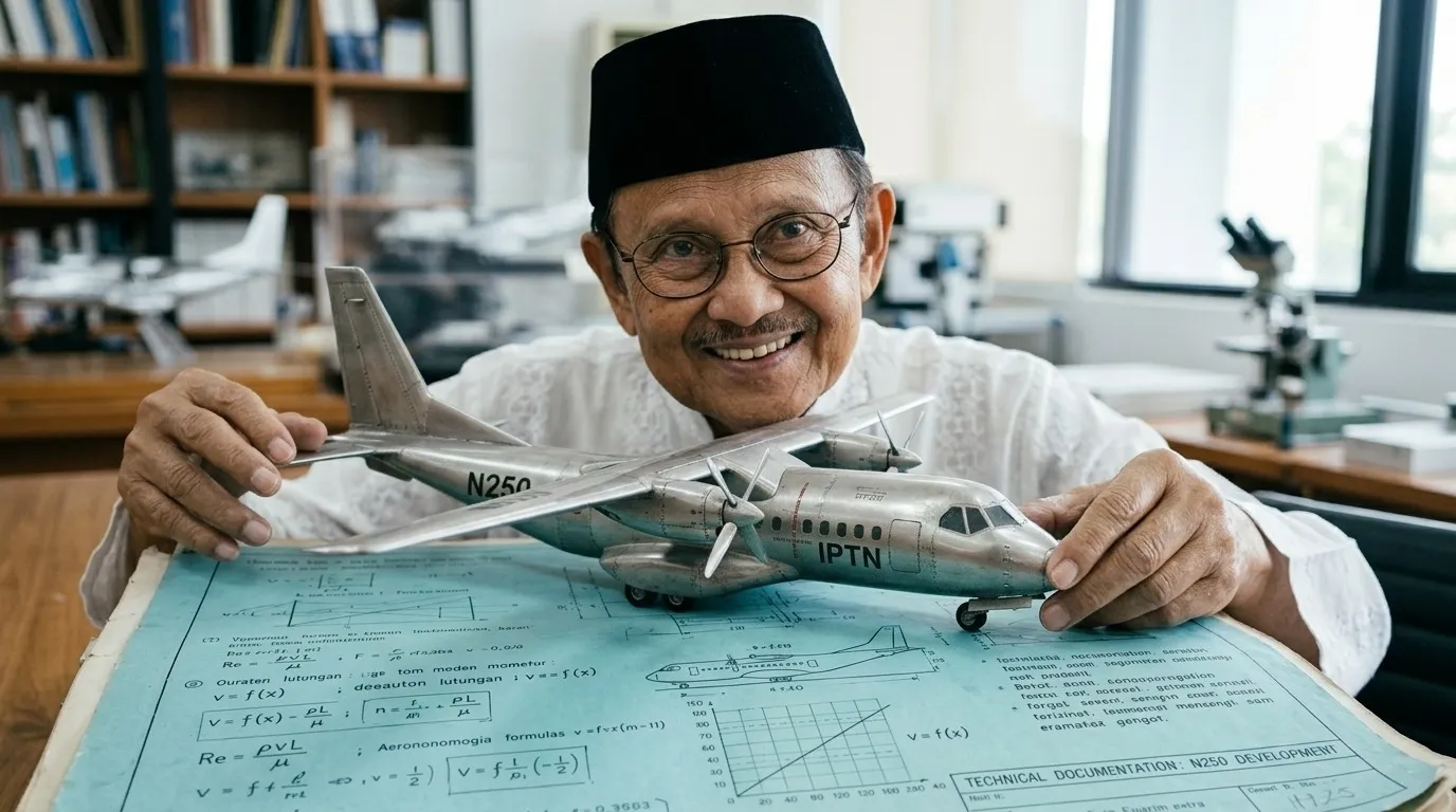 BJ Habibie, Bapak Teknologi Indonesia, tersenyum bangga memegang mimpi kedirgantaraan bangsa, model pesawat N250 Gatotkaca, di atas cetak biru teknis aslinya di perpustakaan pribadinya di Makassar, Indonesia.