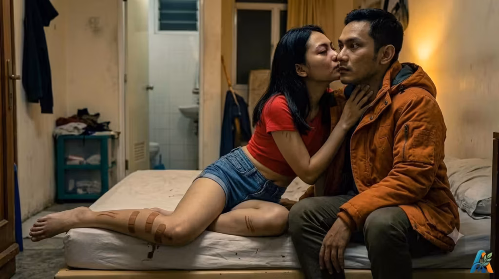 Listy mencium pipi Tirta di kamar kos. Listy bercelana pendek jins dengan luka di betis, Tirta berkaos biru. Latar belakang tempat tidur dan pintu.
