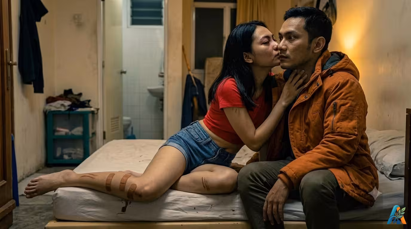 Listy mencium pipi Tirta di kamar kos. Listy bercelana pendek jins dengan luka di betis, Tirta berkaos biru. Latar belakang tempat tidur dan pintu.