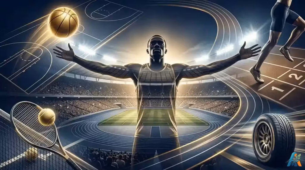 Ilustrasi artistik atlet di tengah stadion dengan elemen bola basket, lintasan lari, raket tenis, dan ban mobil balap bertema kemenangan olahraga global.