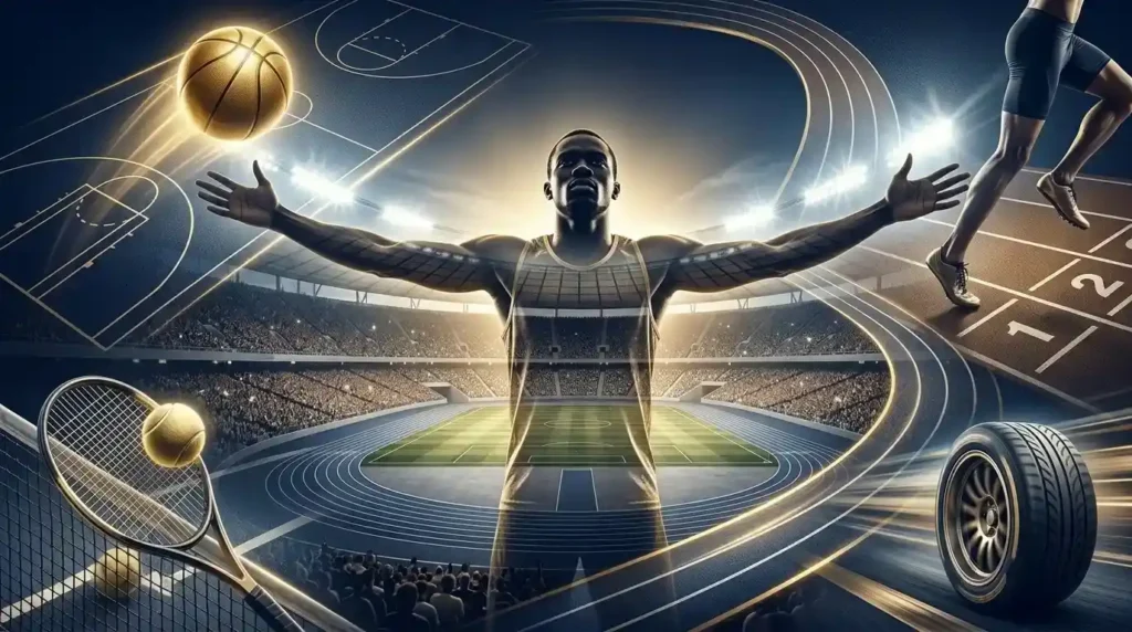 Ilustrasi artistik atlet di tengah stadion dengan elemen bola basket, lintasan lari, raket tenis, dan ban mobil balap bertema kemenangan olahraga global.