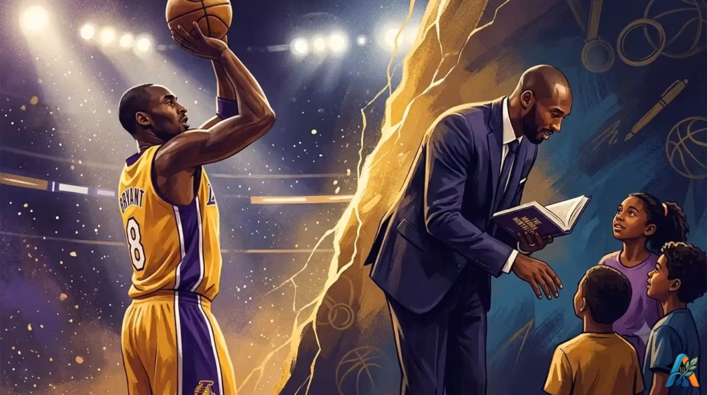Ilustrasi artistik Kobe Bryant, pebasket legendaris dan sosok Mamba Mentality yang menginspirasi dunia.
