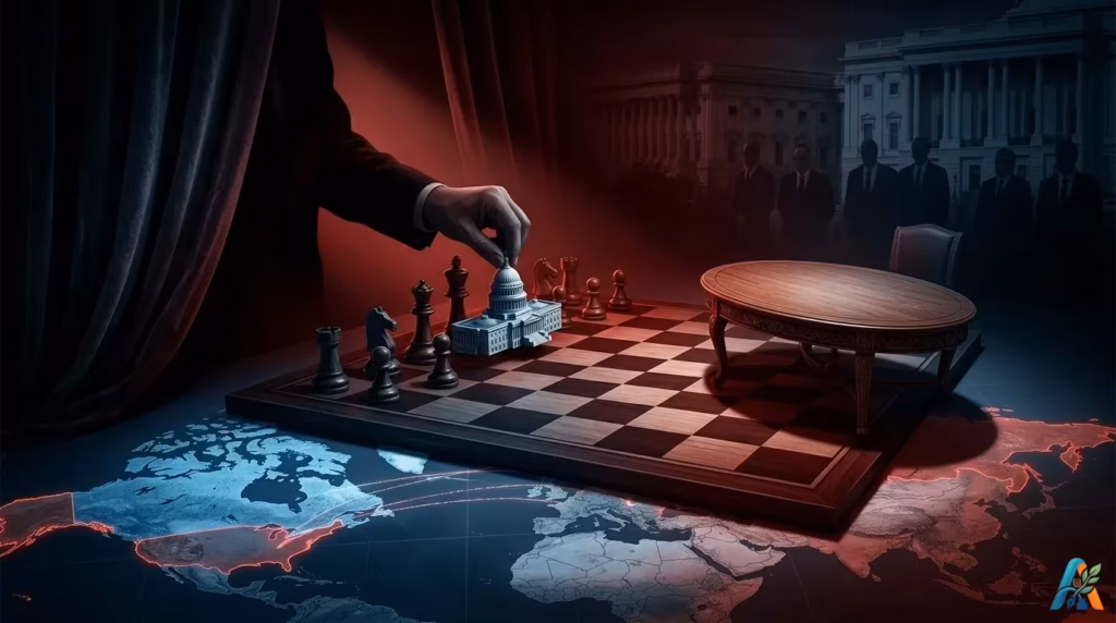 Ilustrasi surealis tangan bayangan menggerakkan bidak Capitol AS di atas papan catur peta dunia, melambangkan ketegangan geopolitik dan pengaruh