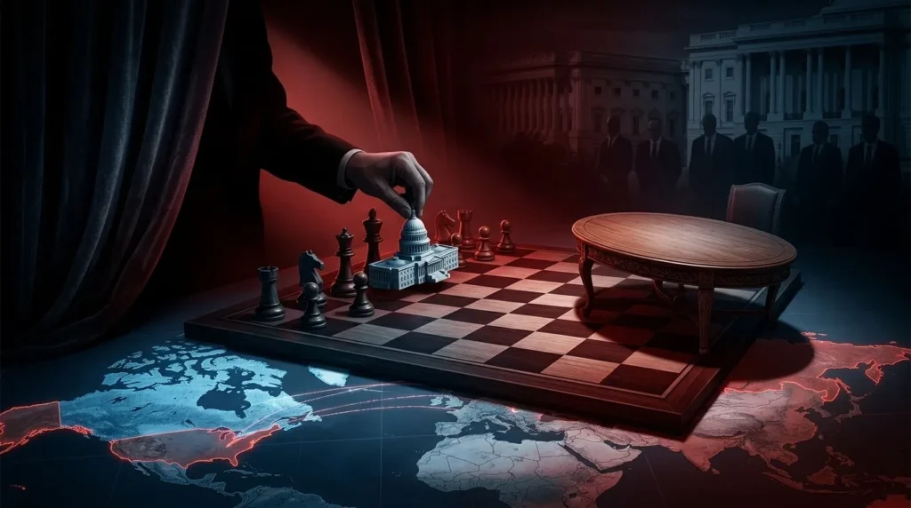 Ilustrasi surealis tangan bayangan menggerakkan bidak Capitol AS di atas papan catur peta dunia, melambangkan ketegangan geopolitik dan pengaruh