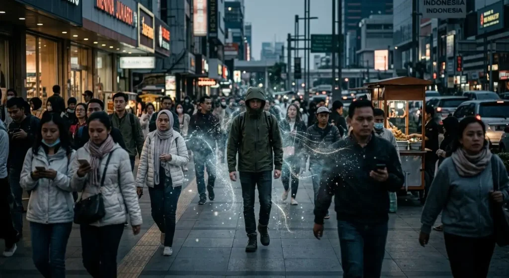 Seseorang berjalan di tengah keramaian kota dengan efek visual partikel energi yang merepresentasikan penyebaran virus yang tidak terlihat.