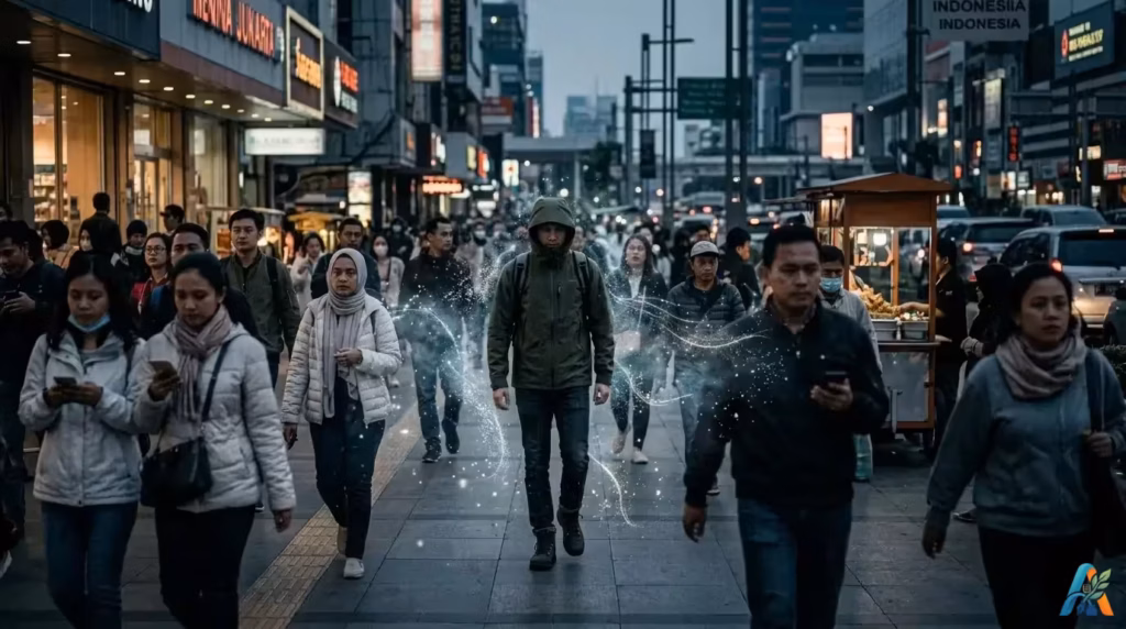 Seseorang berjalan di tengah keramaian kota dengan efek visual partikel energi yang merepresentasikan penyebaran virus yang tidak terlihat.
