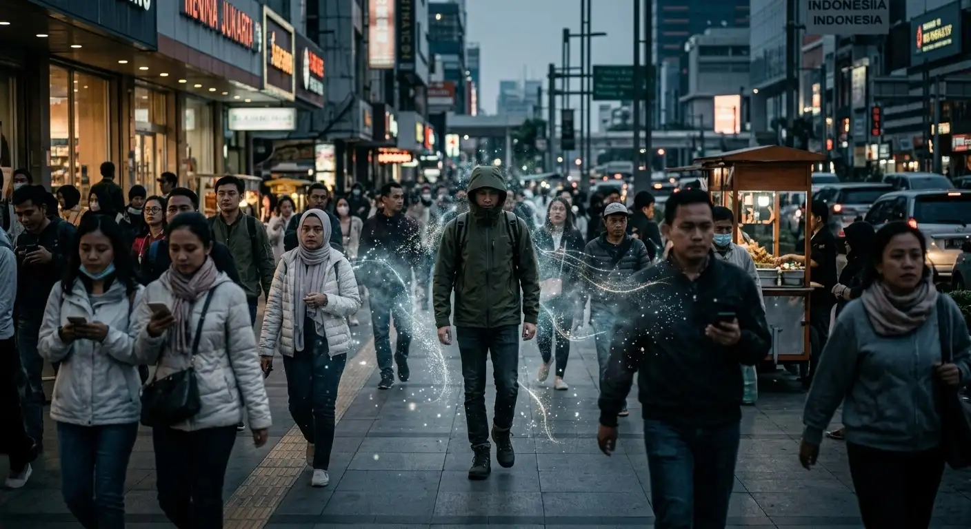 Seseorang berjalan di tengah keramaian kota dengan efek visual partikel energi yang merepresentasikan penyebaran virus yang tidak terlihat.