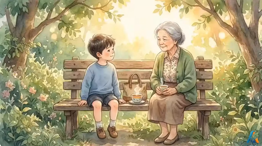 Ilustrasi cat air seorang bocah lelaki dan nenek duduk santai di bangku taman, menikmati momen hangat bersama.